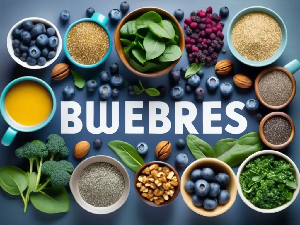 Una composición vibrante de superalimentos como arándanos, espinacas, kale, semillas de chía y nueces, resaltando su impacto en el control de la diabetes tipo 2.