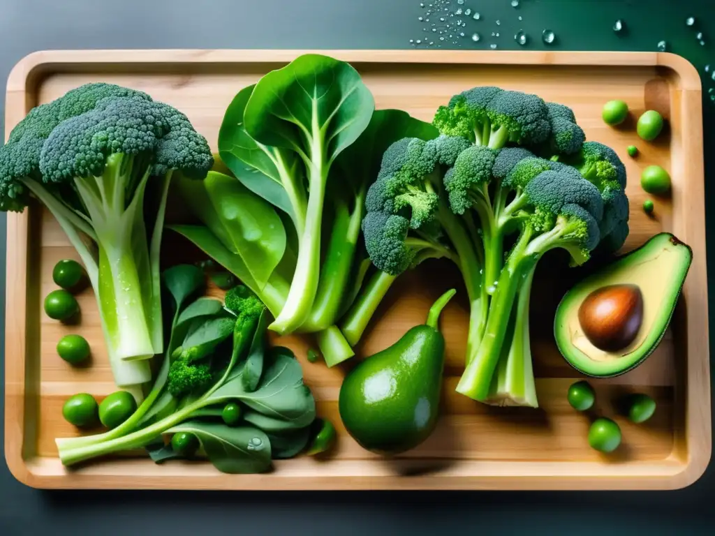 Una composición vibrante de diversas verduras verdes sobre una tabla de cortar, con gotas de agua brillantes. Muestra la frescura y diversidad de fuentes proteínas verdes vegetarianos veganos.