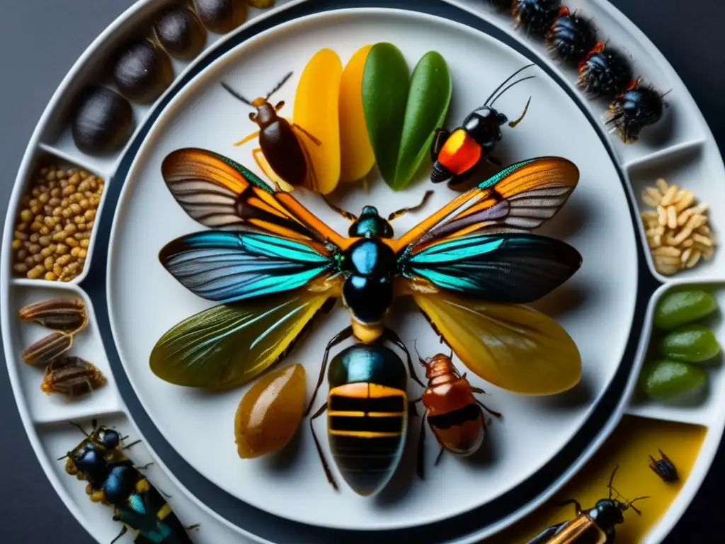 Deliciosos insectos comestibles en plato blanco Una composición visual impactante de insectos comestibles en un plato blanco, sobre un fondo oscuro. Beneficios de incluir insectos comestibles