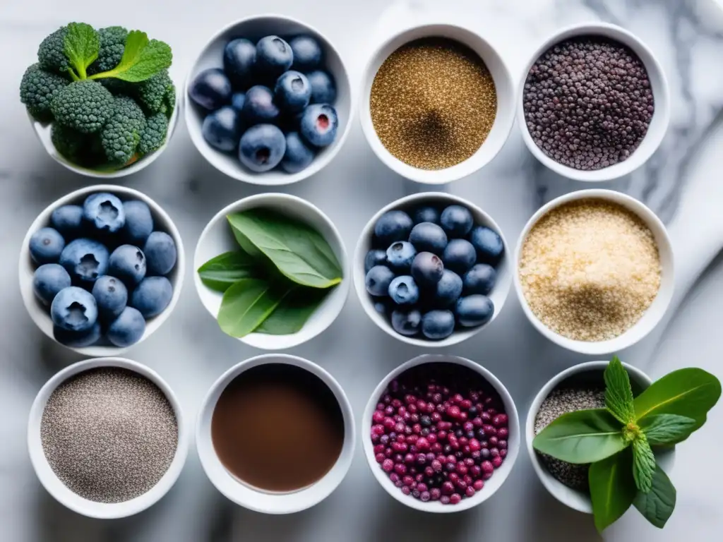 Una composición visual de superalimentos para mejorar rendimiento deportivo, con vibrantes colores y una presentación atractiva en mármol blanco.