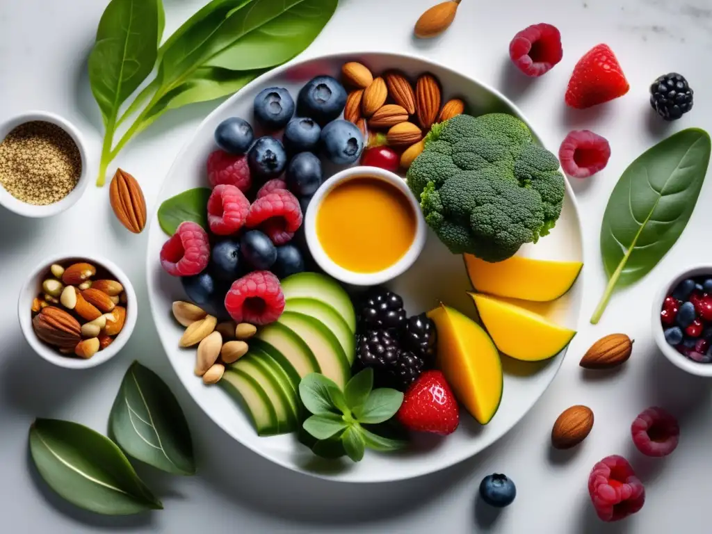 Una composición visual de vibrantes superalimentos con beneficios para la salud, dispuestos con detalle en un elegante plato blanco.