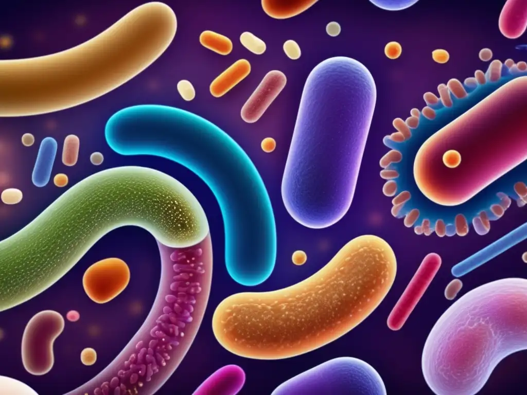 Una comunidad vibrante y diversa de bacterias intestinales en equilibrio, reflejando la importancia del microbioma intestinal en emociones.