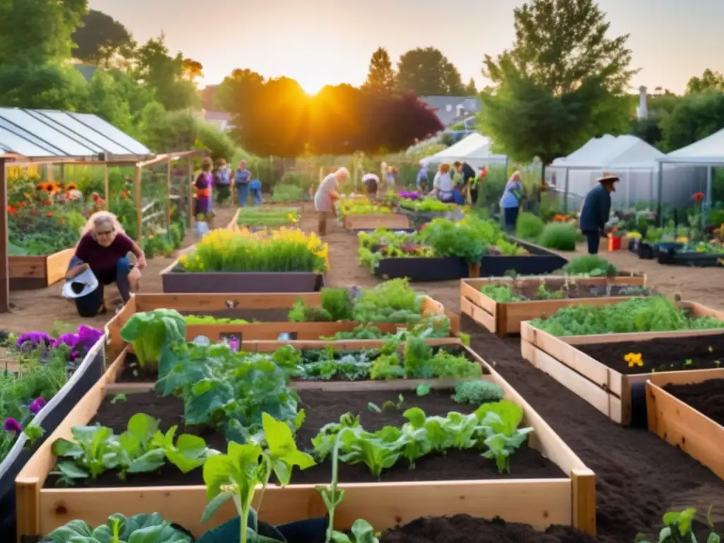 Un jardín comunitario vibrante con huertos y flores, personas de todas las edades trabajando juntas. <b>El sol se pone, creando un ambiente cálido.</b> <b>Se percibe armonía, productividad y participación comunitaria.</b> <b>Beneficios de huertos comunitarios saludables.