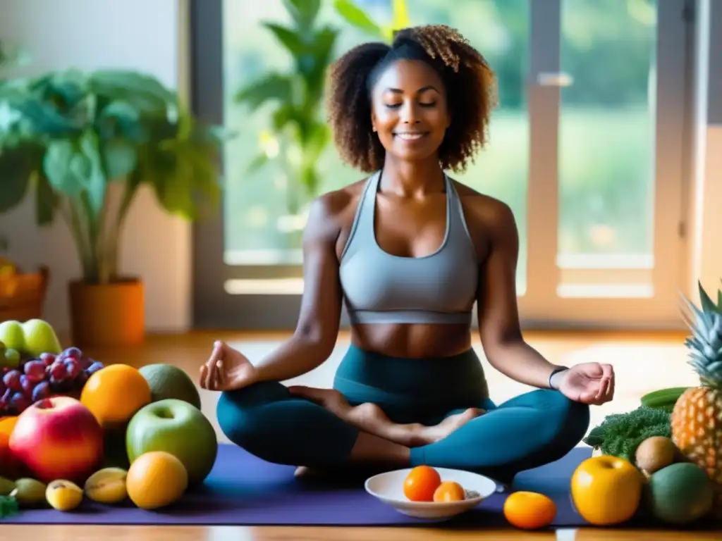 'Alimentación consciente para bienestar físico: persona practicando mindful eating rodeada de frutas, verduras y granos enteros.'