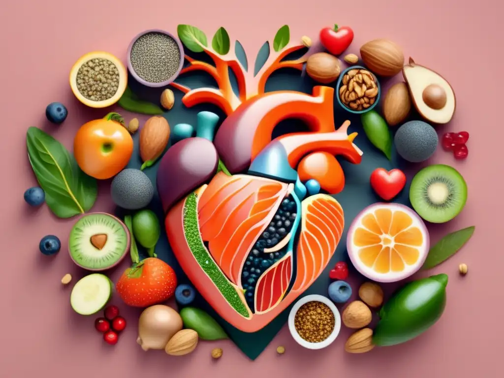 Un corazón vibrante rodeado de alimentos ricos en omega 3, irradiando vitalidad y salud cardiovascular.