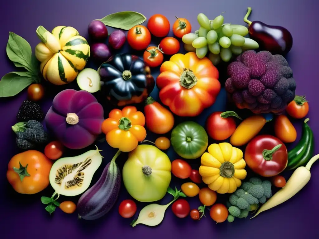 Exuberante variedad de frutas y verduras ancestrales Una cornucopia rebosante de frutas y verduras heredadas, preservando la biodiversidad en la alimentación con su belleza y variedad natural.