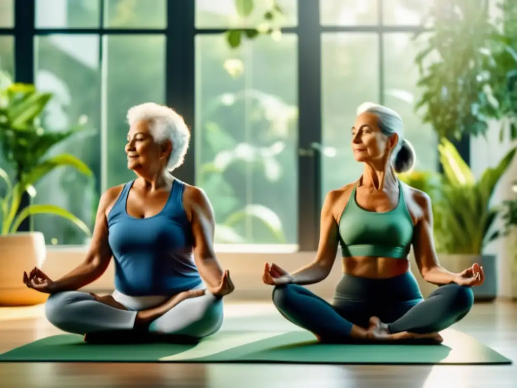'Senior couple disfruta de yoga y smoothies detox en ambiente sereno, rodeados de plantas. Suplementos detox para adultos mayores.'