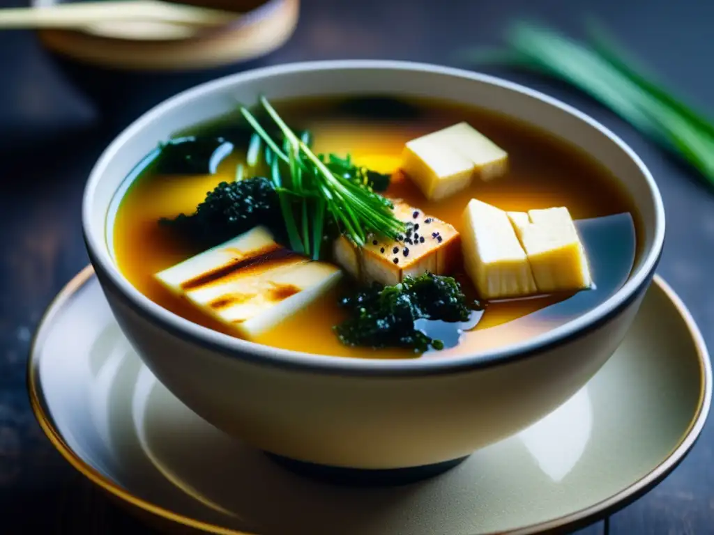 Un cuenco de sopa de miso humeante, con tofu, alga y cebolla. La atmósfera evoca calidez y sabor, ideal para Riesgos del glutamato monosódico.