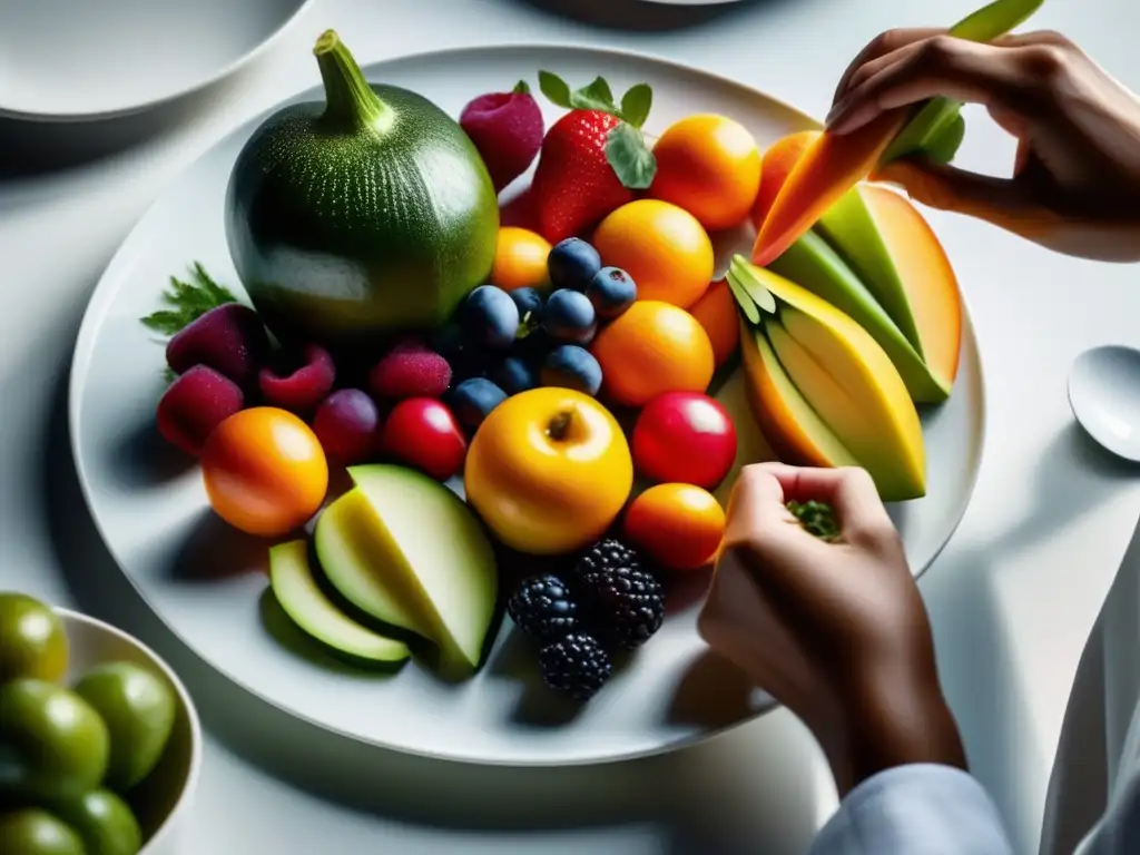 Un cuidadoso montaje de frutas y verduras en un plato blanco, iluminado con luz natural, irradiando calma y equilibrio. <b>Prevención de la obsesión por la alimentación saludable.