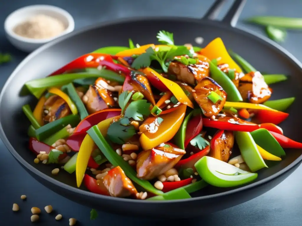 Sabroso salteado chino: pollo, pimientos y cebolla Un deleite visual de la gastronomía china tradicional en una receta saludable, con ingredientes frescos y vibrantes.