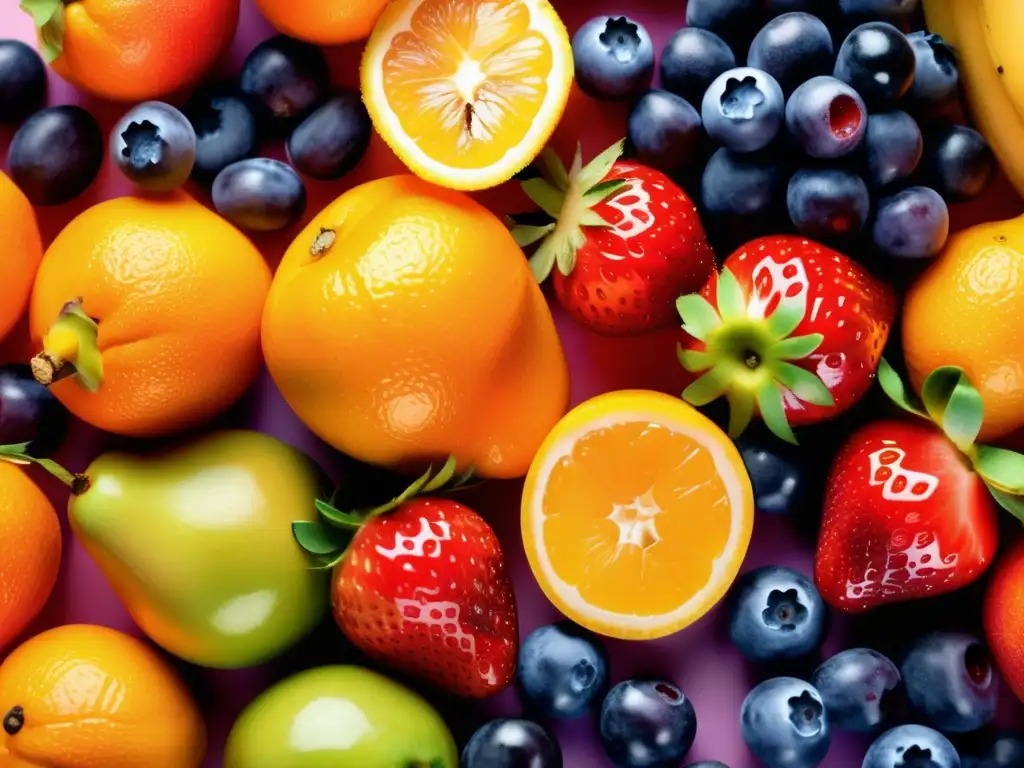 Un deleite visual de frutas frescas y vibrantes, goteando agua, con efectos frutas azúcar sangre. Una explosión de colores y frescura.
