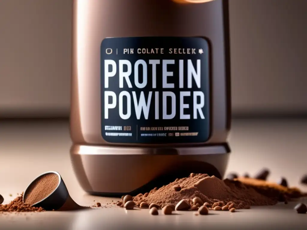 Un delicado vertido de polvo de proteína de chocolate en un moderno shaker. <b>Suplemento de proteína para ganar masa.