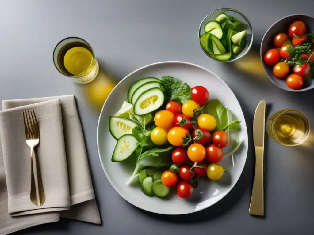 Una deliciosa cena saludable para controlar el azúcar, con vegetales frescos y coloridos en un elegante plato.