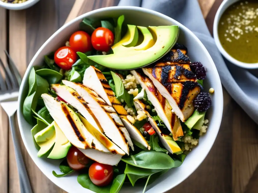 Una deliciosa ensalada colorida con ingredientes frescos en un moderno tazón blanco. <b>Opciones saludables para cenas ligeras.