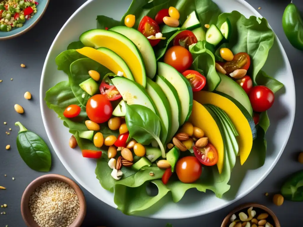Una deliciosa ensalada fresca y colorida, llena de ingredientes nutritivos y texturas vibrantes. <b>Documentales alimentación saludable perspectiva.