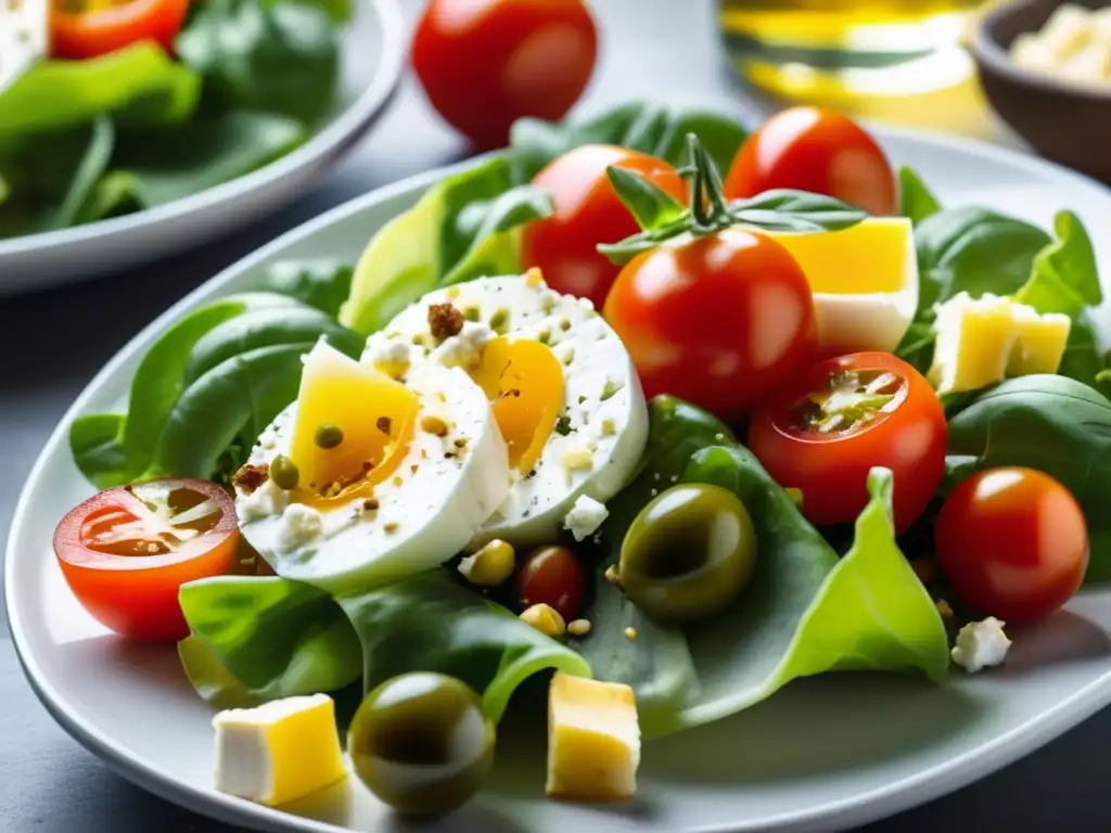 Una deliciosa ensalada mediterránea con ingredientes frescos y coloridos. <b>Dieta mediterránea alimentación saludable.