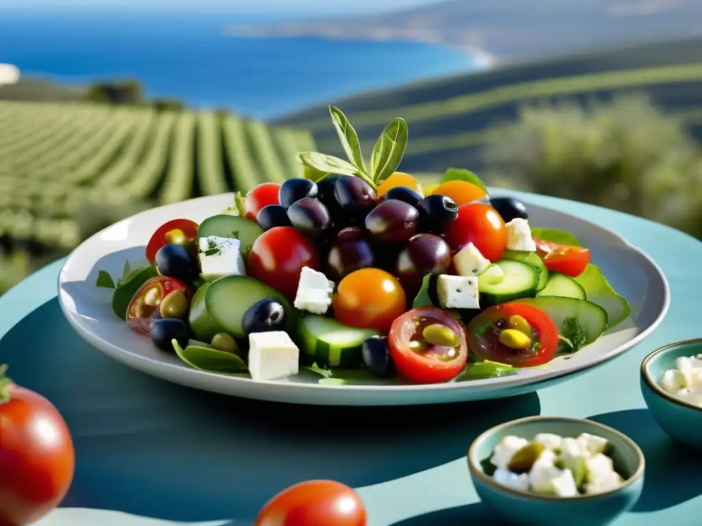 Una deliciosa ensalada mediterránea con tomates, pepinos, aceitunas y queso feta, presentada en un plato moderno sobre un paisaje mediterráneo. <b>Cocina mediterránea recetas saludables.