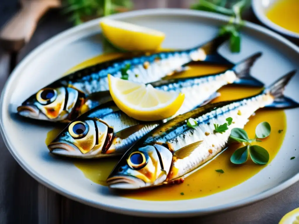 Una deliciosa y exquisita presentación de sardinas a la parrilla con hierbas frescas, limón y aceite de oliva. <b>Beneficios del pescado azul en dieta.
