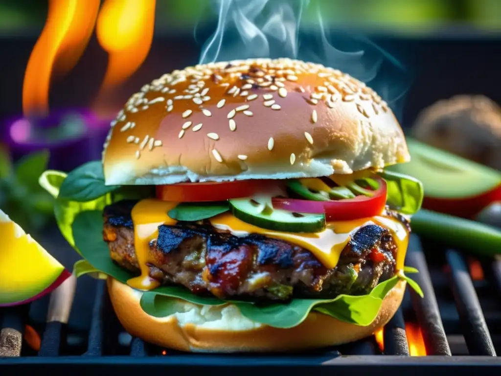 Deliciosa hamburguesa vegana en la parrilla con vegetales frescos. <b>Beneficios de las carnes alternativas.