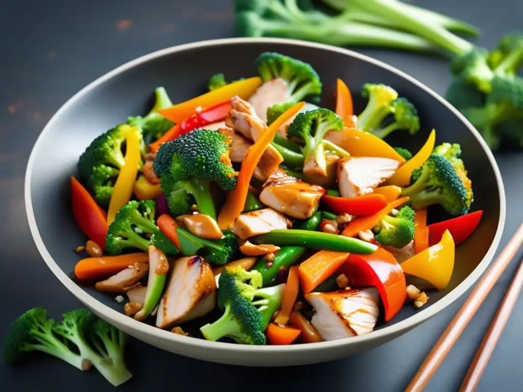 Delicioso salteado chino: pollo y verduras frescas Una deliciosa receta saludable de gastronomía china tradicional, con coloridas verduras frescas y tiernos trozos de pollo en un wok.
