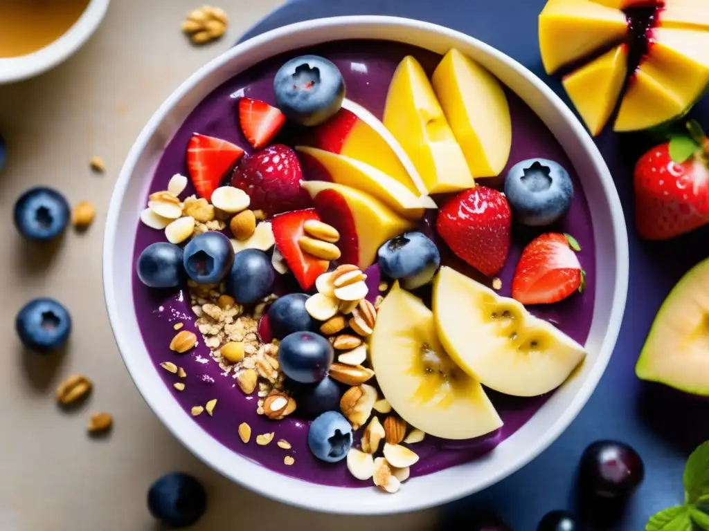 Deliciosa receta saludable de cocina brasileña: Acai bowl vibrante con frutas frescas, granola crujiente y miel dorada.