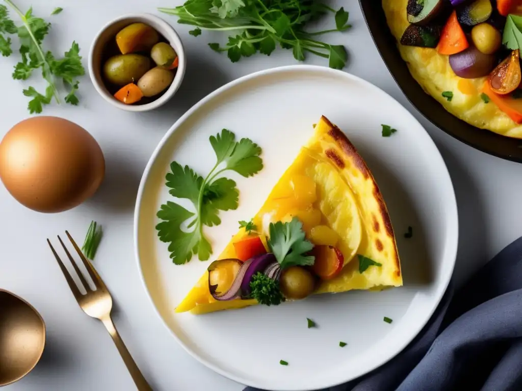 Una deliciosa tortilla española con vegetales asados, en un plato blanco sobre una mesa minimalista. <b>Ideal para recetas fáciles Dieta Mediterránea.