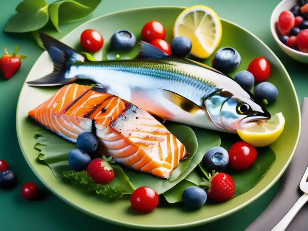 Una deliciosa variedad de pescados ricos en omega 3 y frutas frescas, rodeados de vegetales verdes. <b>Beneficios del Omega 3 para el corazón.