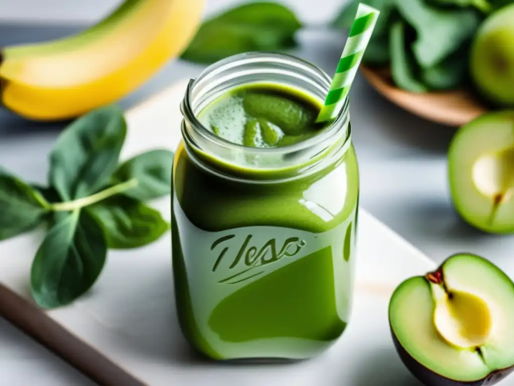 Un delicioso batido verde detox en un vaso moderno, con ingredientes frescos y una cocina minimalista. <b>Perfecto para recetas de batidos verdes detox.