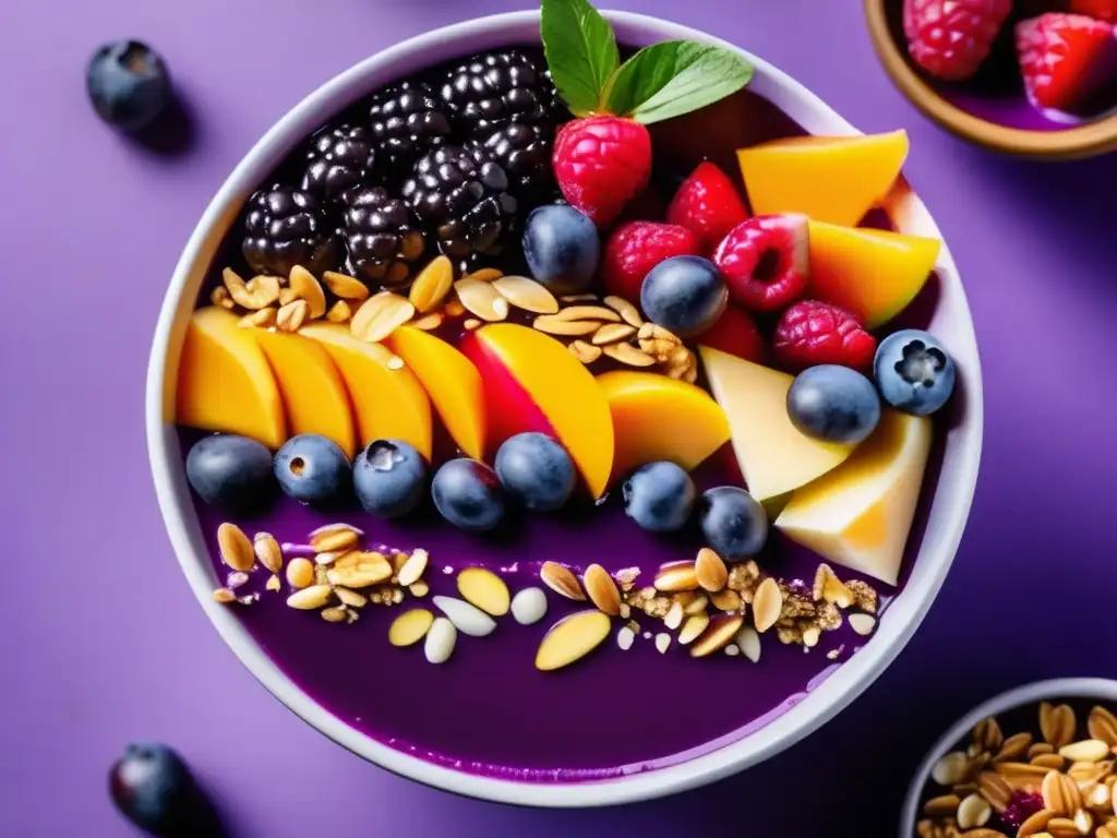 Un delicioso bol de açaí con frutas frescas y granola, sobre un fondo minimalista. <b>Desayunos veganos saludables y energéticos.