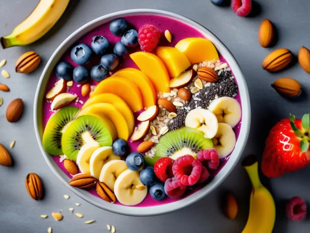 Un delicioso bowl de smoothie con frutas frescas y frutos secos. <b>Alimentos estrella para deportistas.