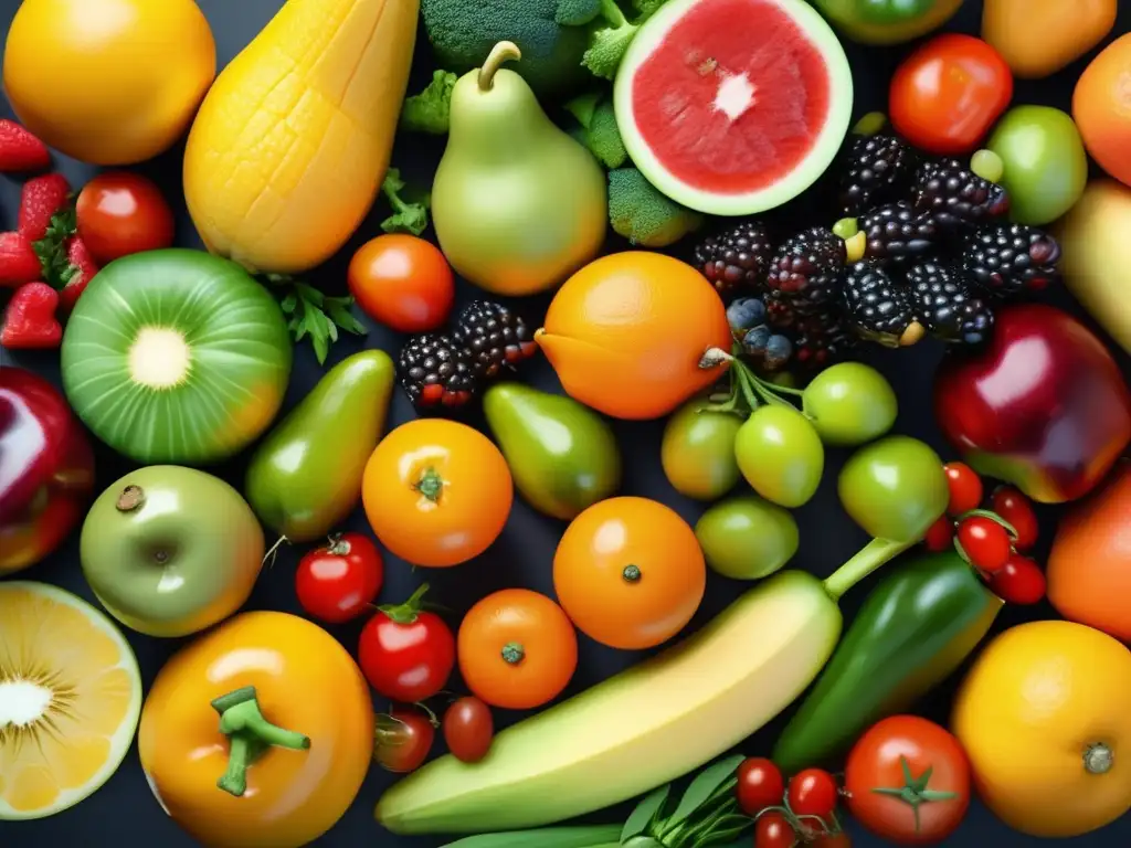 Un delicioso y colorido festín de alimentos light mitos verdades. Frutas y verduras frescas en una composición visualmente atractiva y apetitosa.