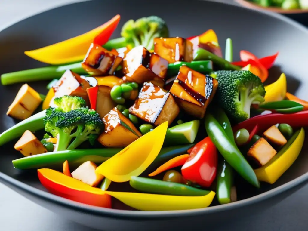 Un delicioso y colorido plato de salteado vegano con soja en un bol moderno. Recetas veganas con soja