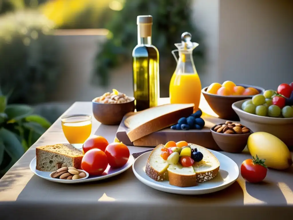 Un delicioso desayuno mediterráneo para vida saludable en una mesa al aire libre bañada por la cálida luz matutina. Frutas frescas, pan integral, aceite de oliva, tomates, queso y nueces componen esta escena vibrante y acogedora.