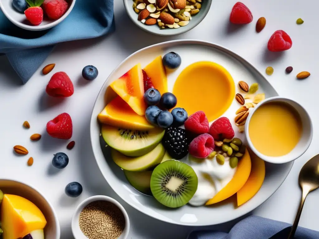 Un delicioso desayuno paleo con frutas frescas, nueces y yogur de coco. <b>Desayunos paleo saludables y naturales.