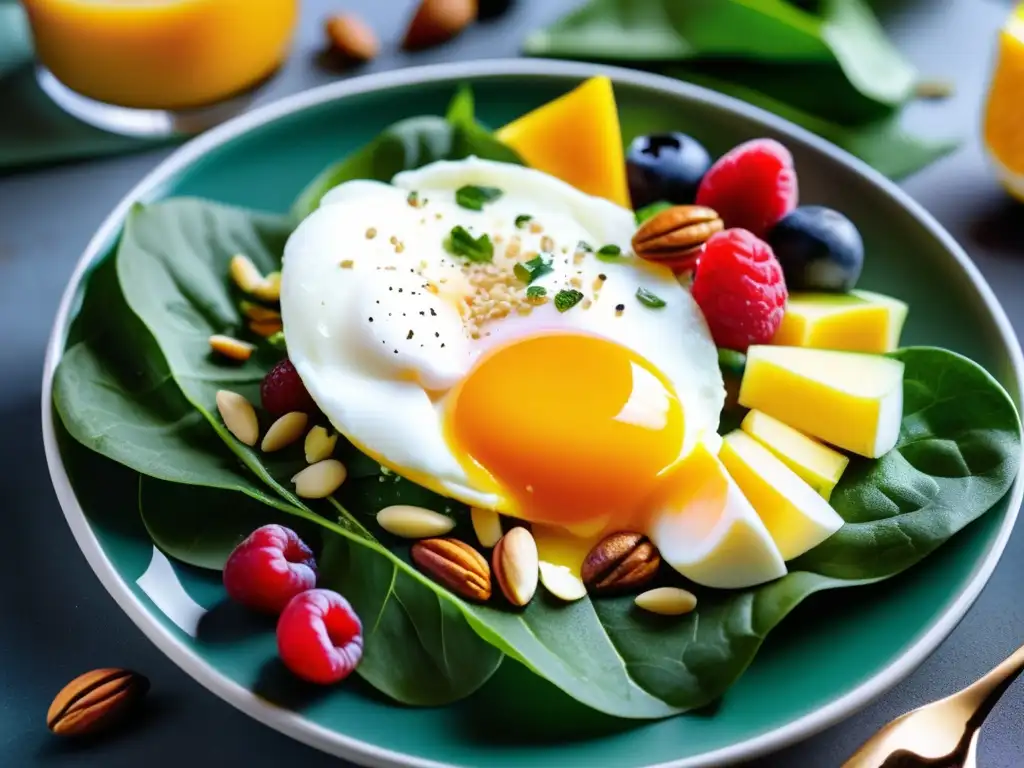 Desayuno exquisito con frutas, nueces y huevo pochado Un delicioso desayuno paleo saludable y natural con frutas frescas, nueces, semillas y huevo pochado sobre espinacas verdes vibrantes.