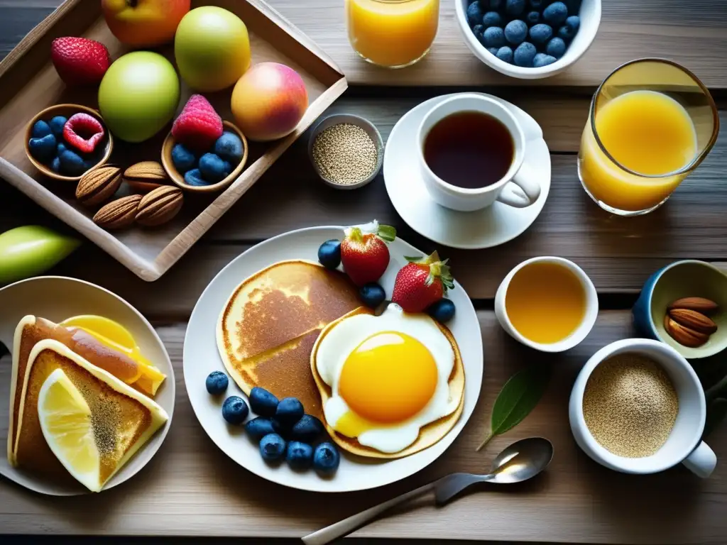 Desayuno nutritivo y apetitoso en mesa de madera Un delicioso desayuno paleo saludable y natural, con frutas frescas, nueces, semillas, huevos y panqueques de harina de almendra con miel, iluminado por la cálida luz de la mañana.