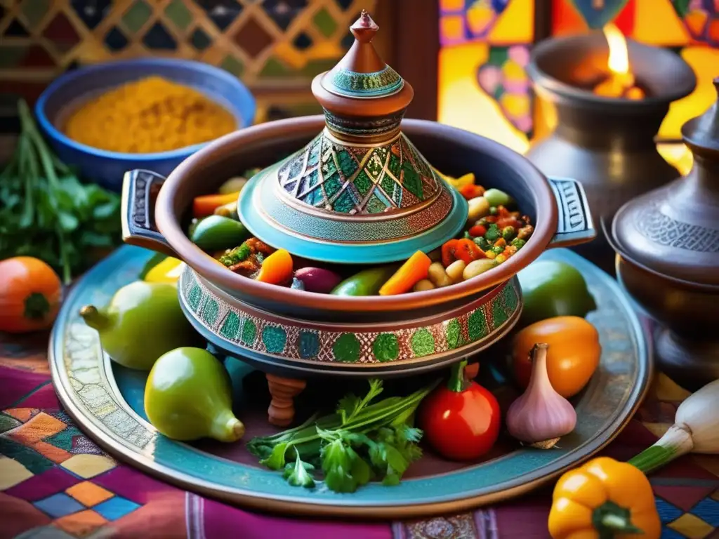 Un delicioso estofado marroquí en un tagine rodeado de ingredientes frescos y una mesa de mosaico. <b>Recetas saludables cocina marroquí.