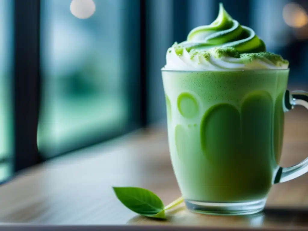 Un delicioso matcha latte verde vibrante en una taza de cristal, con vapor y decoración de polvo de matcha. <b>Ambiente moderno y acogedor.</b> <b>Alternativas saludables bebidas energéticas.