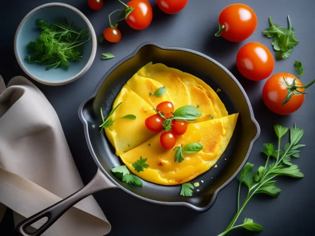 Un delicioso omelette dorado con hierbas frescas y tomates cherry. <b>Presentación moderna y sofisticada.</b> <b>Huevos y colesterol: mitos desmentidos.