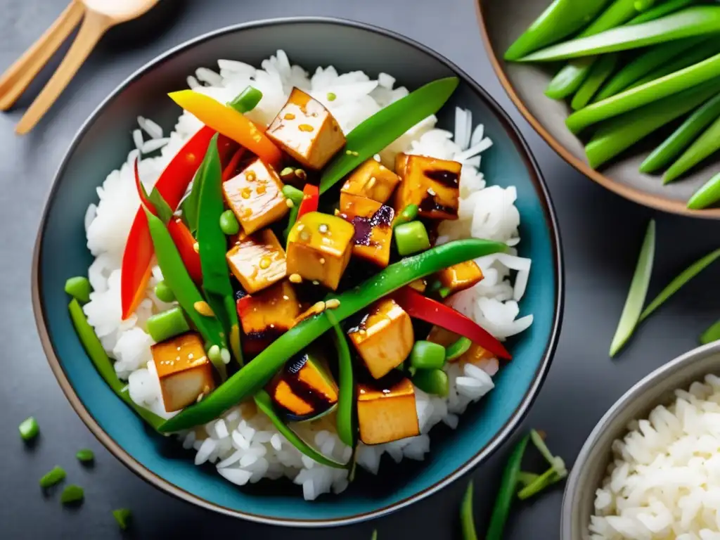 Un delicioso plato de salteado vegano con tofu, pimientos, arvejas y cebolla sobre arroz, ¡recetas creativas con tofu saludable!