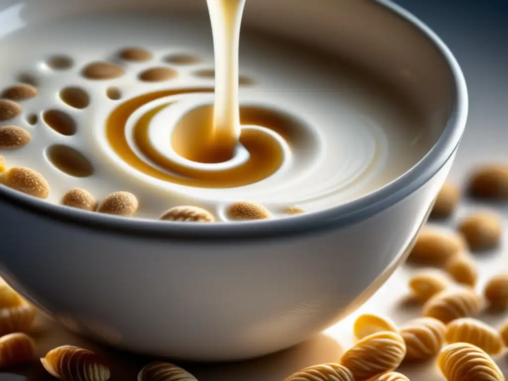 Un delicioso remolino de leche sobre cereal integral, evocando frescura y nutrición natural con efectos lácteos en glucemia opciones.