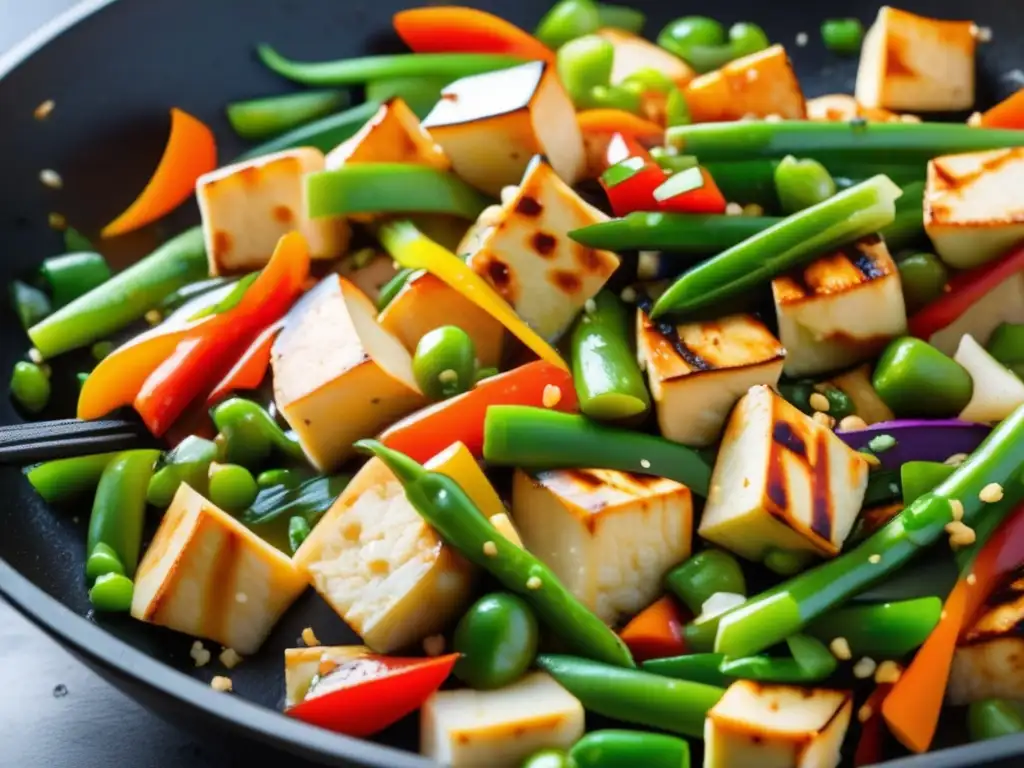 Un delicioso salteado de tofu y verduras frescas en un wok negro, creando un plato vibrante y saludable. <b>Recetas creativas con tofu saludable.