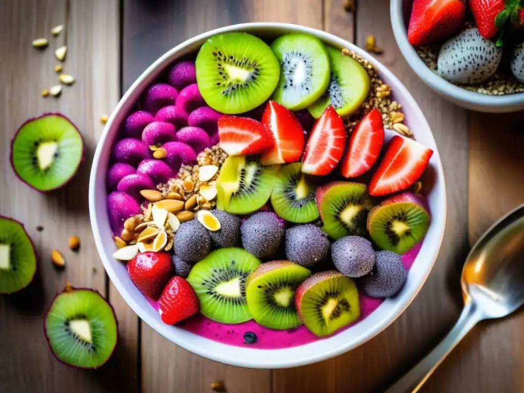 Un delicioso y saludable desayuno vegano, repleto de frescura y energía, con una colorida y vibrante presentación de acai bowl con frutas frescas.