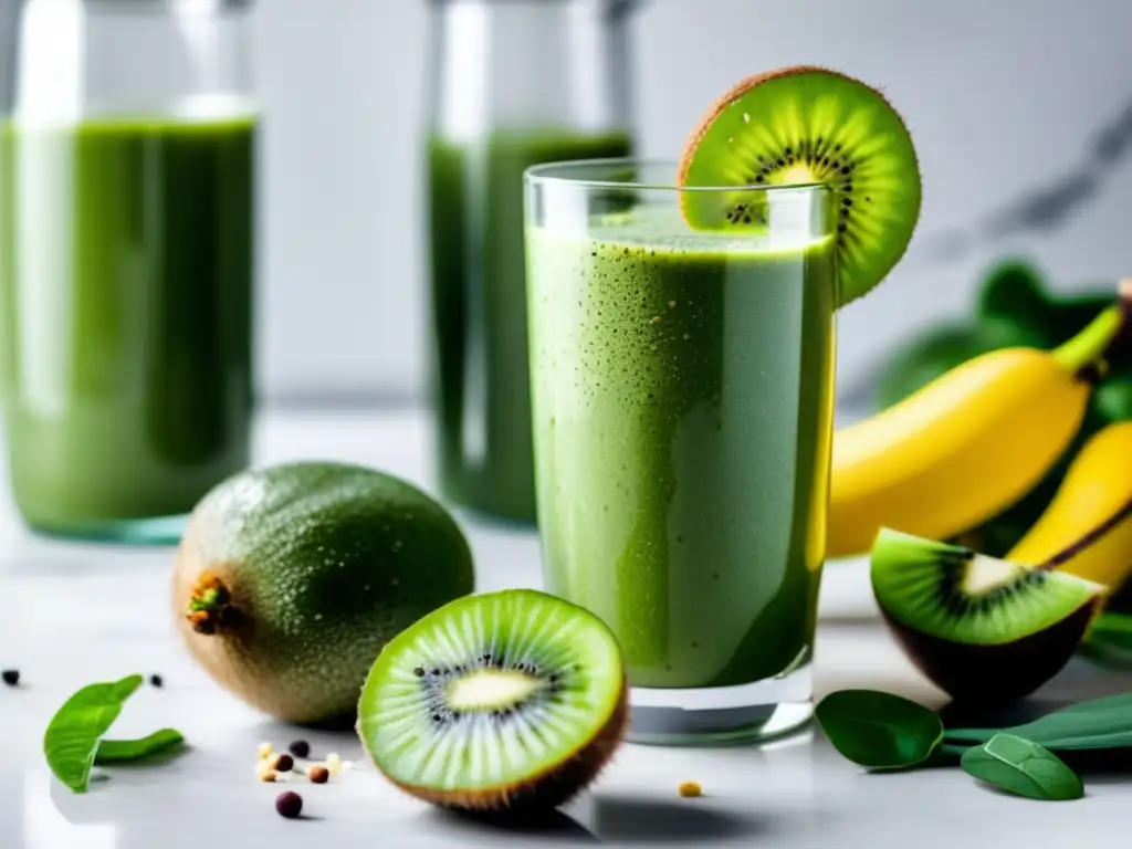 Un delicioso smoothie verde con chía y kiwi en un elegante entorno de cocina. <b>Ideal para recetas smoothies proteínas post entrenamiento.