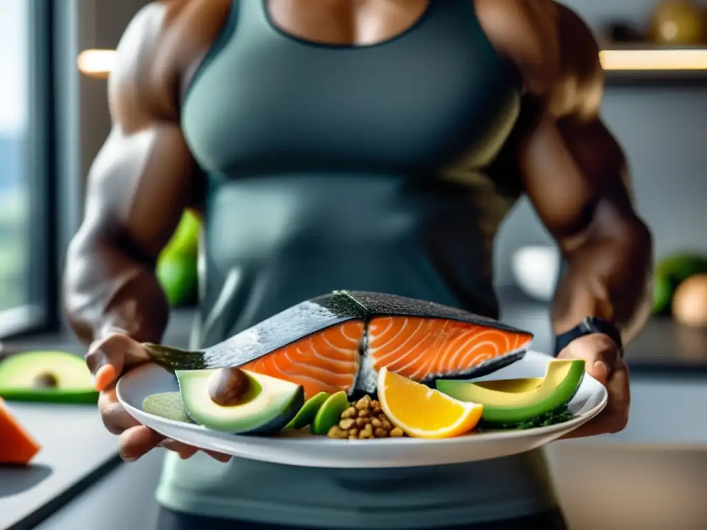 Un deportista profesional sostiene un plato de alimentos coloridos y ricos en omega-3 en una cocina moderna y luminosa, destacando la importancia de los ácidos grasos Omega-3 en la nutrición deportiva.