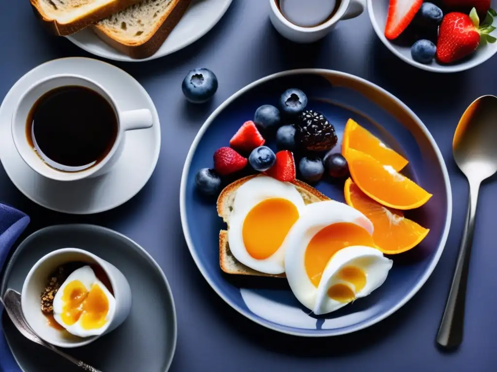 Un desayuno diabético equilibrado con frutas frescas, tostada integral y café negro. Recetas desayunos bajos azúcar diabéticos