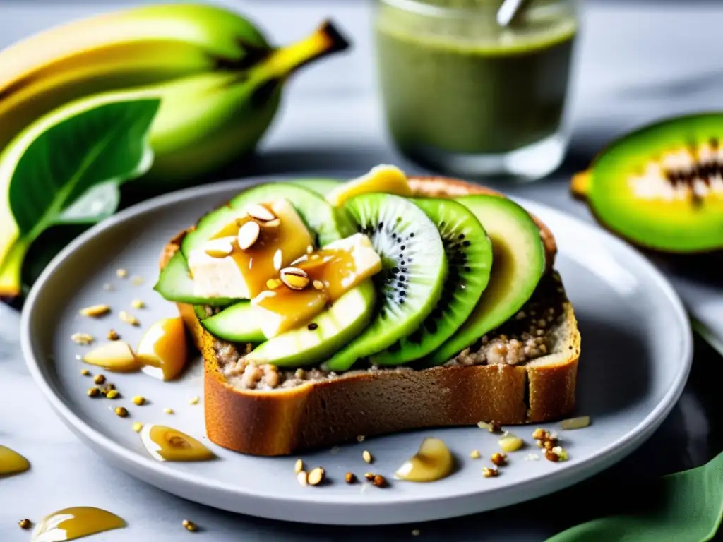 Un desayuno energético con tostadas de granos enteros, mantequilla de almendras, plátano, miel y semillas de chía. <b>Acompañado de un batido verde y fresco.</b> <b>Ideal para deportistas.