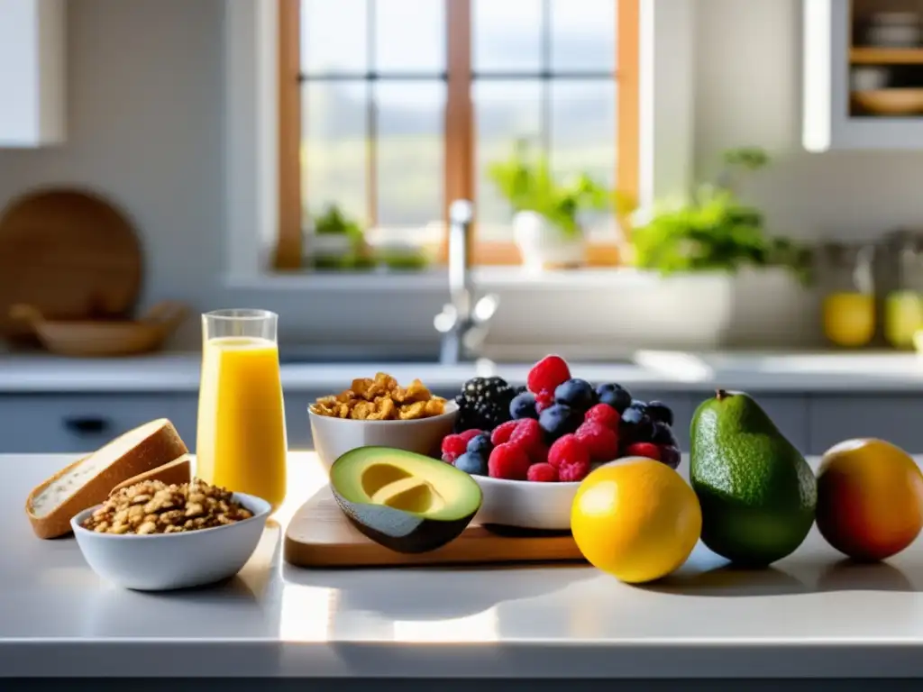 Un desayuno libre de alérgenos con frutas, tostadas de aguacate, yogur con granola y variedad de untos, en una cocina minimalista y con luz natural.
