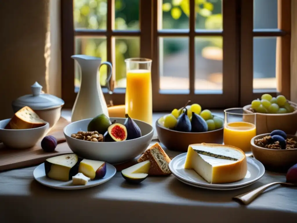 Un desayuno mediterráneo tradicional con quesos, pan, higos, yogur y leche bajo cálida luz natural. <b>Beneficios lácteos en la dieta.