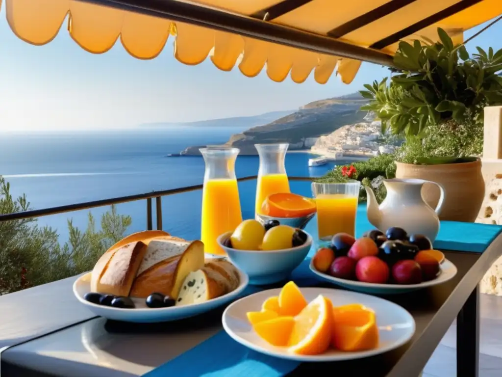 Un desayuno mediterráneo para una vida saludable: mesa con frutas frescas, pan artesanal, quesos locales y aceitunas, con vista al mar Mediterráneo.